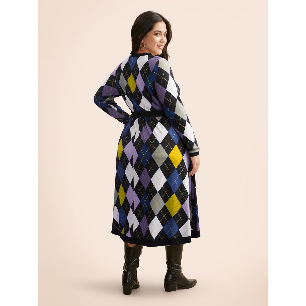 Plus Size V Neck Colorblock Contrast Belted Dress DarkBlue Women Casual Belted V-neck Long Sleeve Curvy BloomChic 28/5X Product Image
