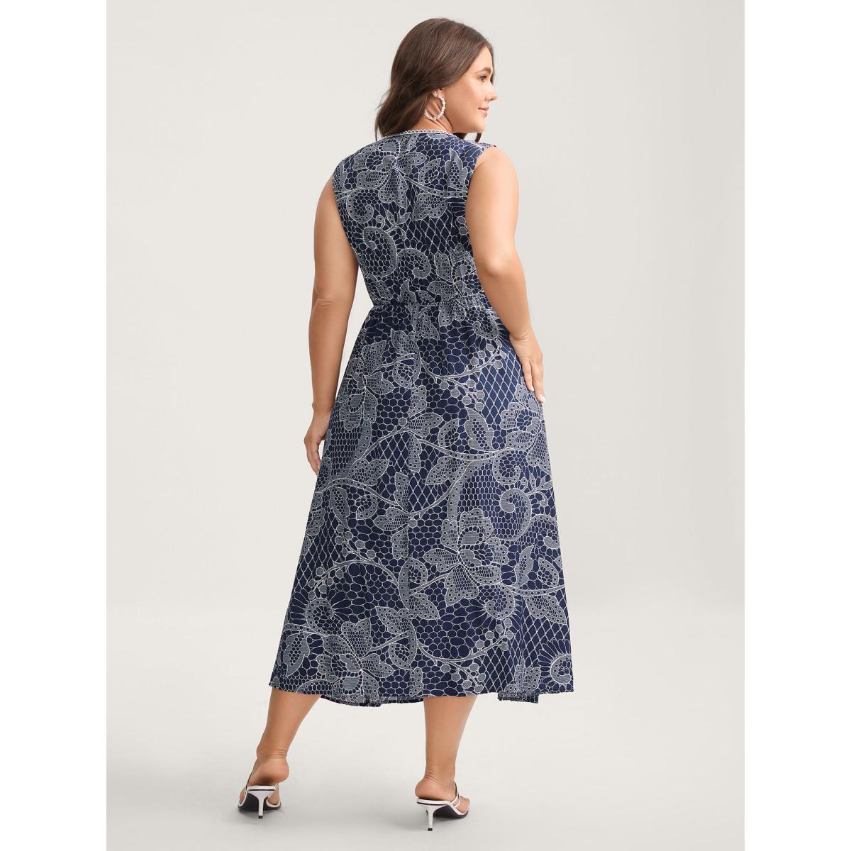 Plus Size Lace-Like Print Cinched-Waist Midi Dress Navy Women V-neck Sleeveless Curvy BloomChic 18-20/2X Product Image