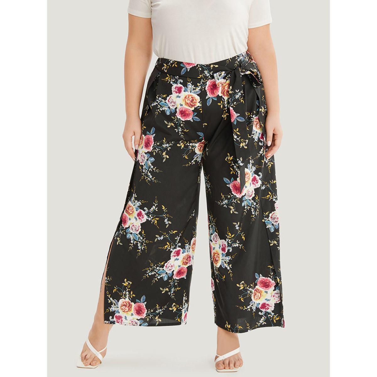 Plus Size Floral Print Belted Split Side Pleated Pants Women BlackFlower Elegant Straight Leg High Rise Dailywear Pants BloomChic 22-24/3X Product Image