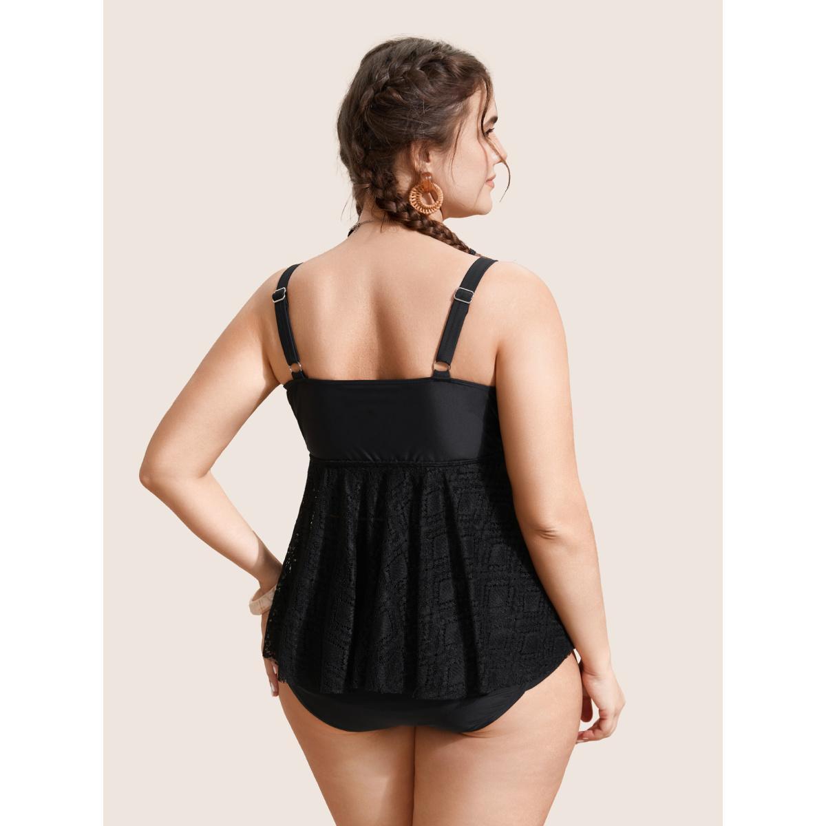 Plus Size V Neck Crochet Lace Mesh Swim Top Women's Swimwear Black Beach Texture High stretch Bodycon Overlap Collar Curve Swim Tops BloomChic 10/M Product Image