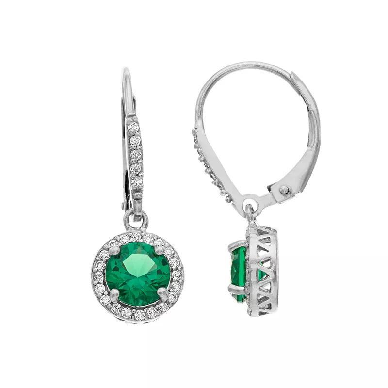 Aleure Precioso Sterling Silver Lab-Created Gemstone & Cubic Zirconia Halo Leverback Earrings, Womens, Sterling Silver Blue Product Image