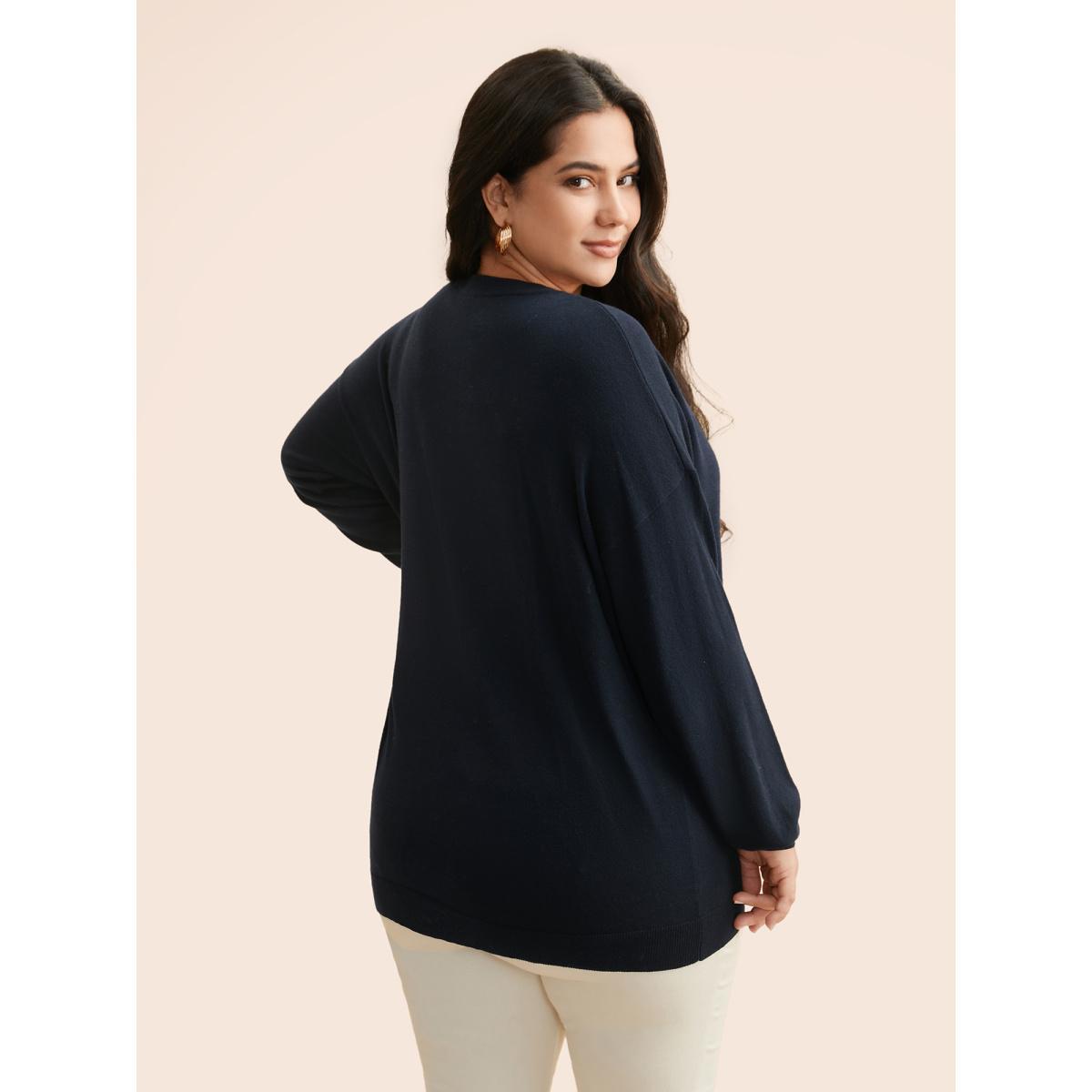 Plus Size Supersoft Chest Pocket Wool Top Indigo Women Casual Loose Long Sleeve Round Neck Everyday Pullovers BloomChic 30/6X Product Image