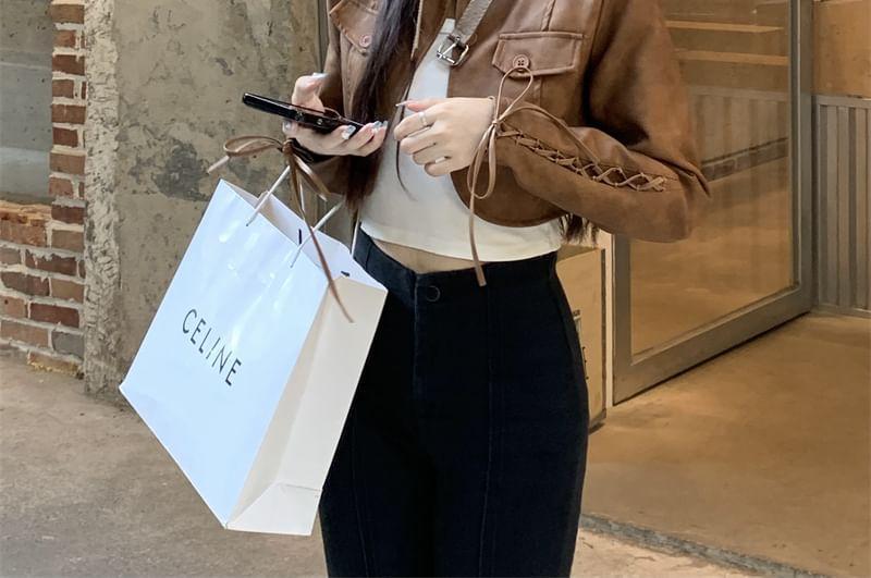 Stand Collar Plain Lace Up Faux Leather Crop Button Jacket Product Image