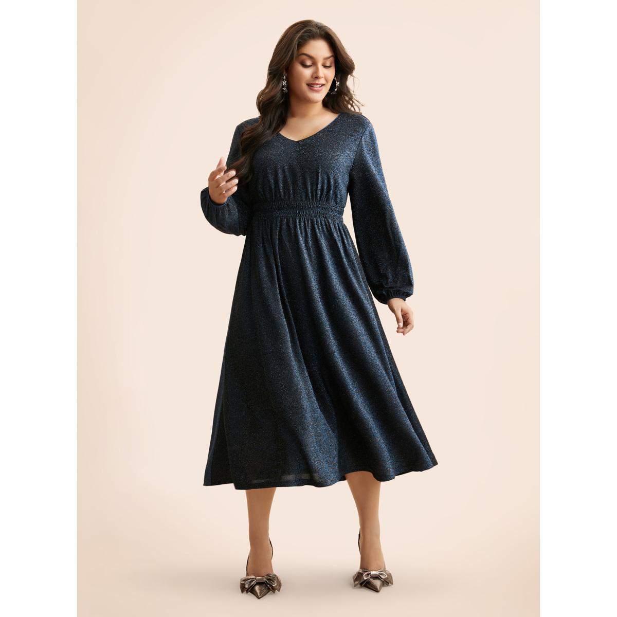 Plus Size V Neck Luxe Texture Shirred Dress Arctic Women Cocktail Texture Party Curvy Bloomchic 14-16/1X Product Image