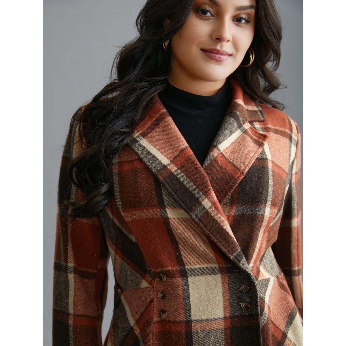 Plus Size Plaid Lapel Collar Waist Button Coat Women Yellowishbrown Elegant Button Ladies Everyday Winter Coats BloomChic 26/4X Product Image