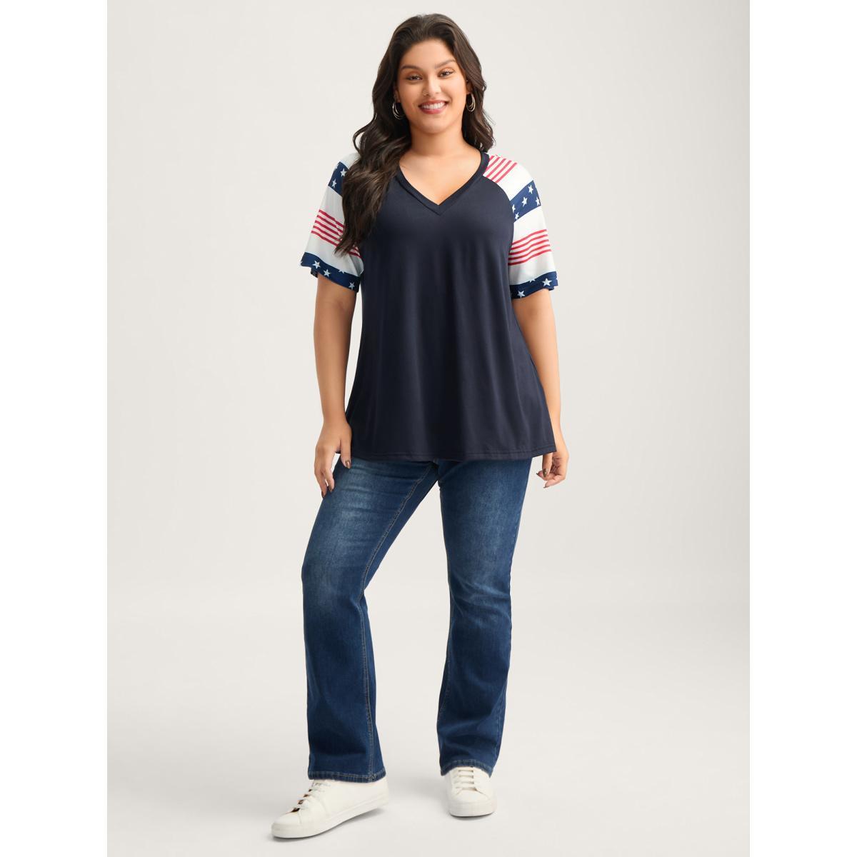 Plus Size Stars and Stripes Raglan T-Shirt Navy Women Round Neck Everyday-Casual T-shirts BloomChic 28/5X Product Image