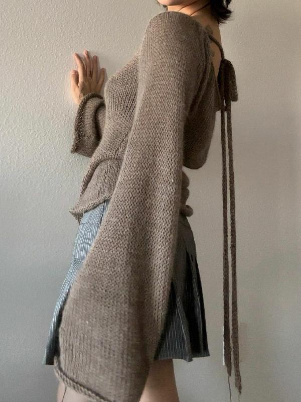 Solid Color Backless Lace Up Long Sleeve Knit Product Image