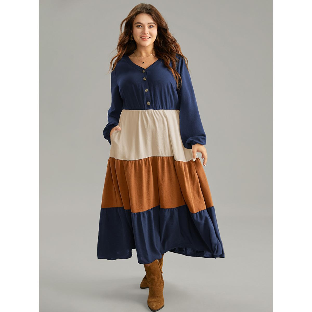 Plus Size Colorblock Patchwork Lantern Sleeve Button Detail Dress DarkBlue Women Elegant Elastic cuffs V-neck Long Sleeve Curvy Midi Dress BloomChic 10/M Product Image