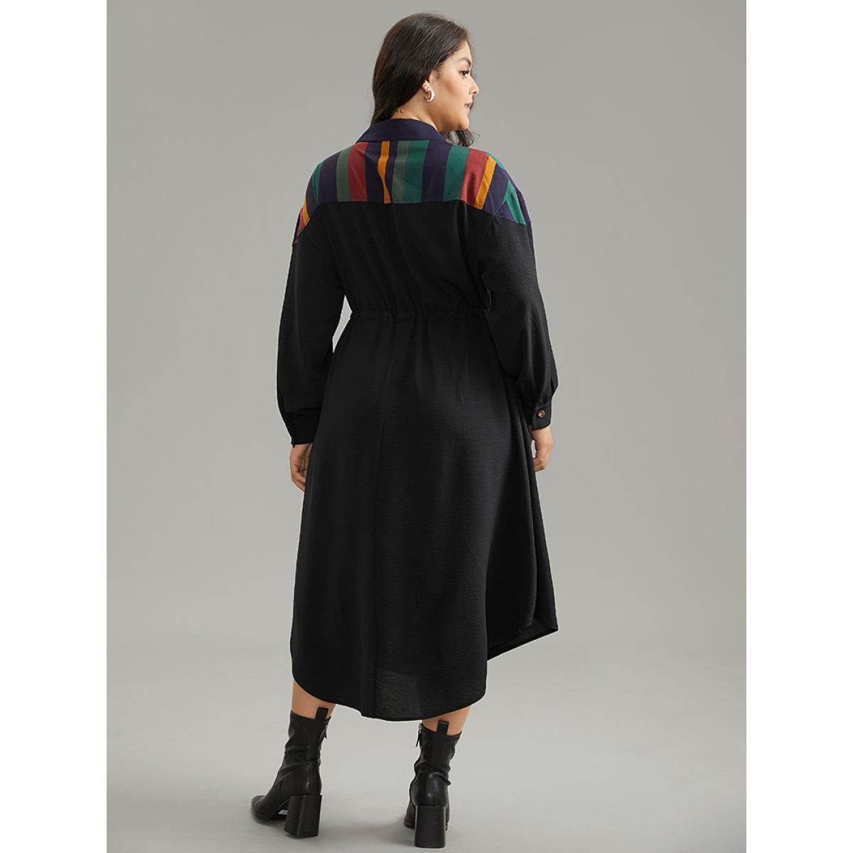 Plus Size Striped Contrast Drawstring Button Detail Shirt Collar Dress Black Women Office Patchwork Shirt collar Long Sleeve Curvy Midi Dress BloomChic 28/5X Product Image