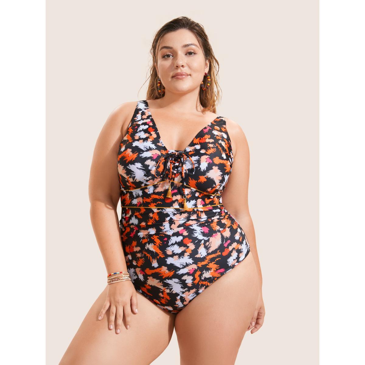 Plus Size Brush Print Ties Tassel One Piece Swimsuit Women's Swimwear Multicolor Beach Non Curve Bathing Suits Medium stretch One Pieces BloomChic 18-20/2X Product Image