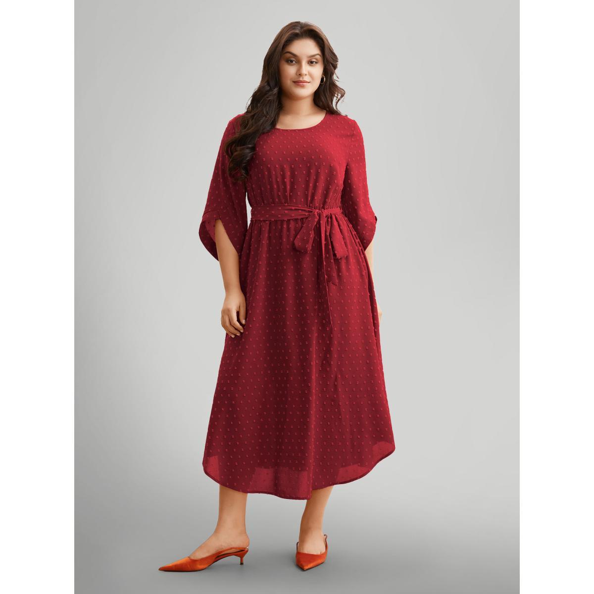 Plus Size Textured Bell Sleeve Belted Arc Hem Dress Deepred Women Elegant Texture Round Neck Elbow-length sleeve Curvy BloomChic 18-20/2X Product Image
