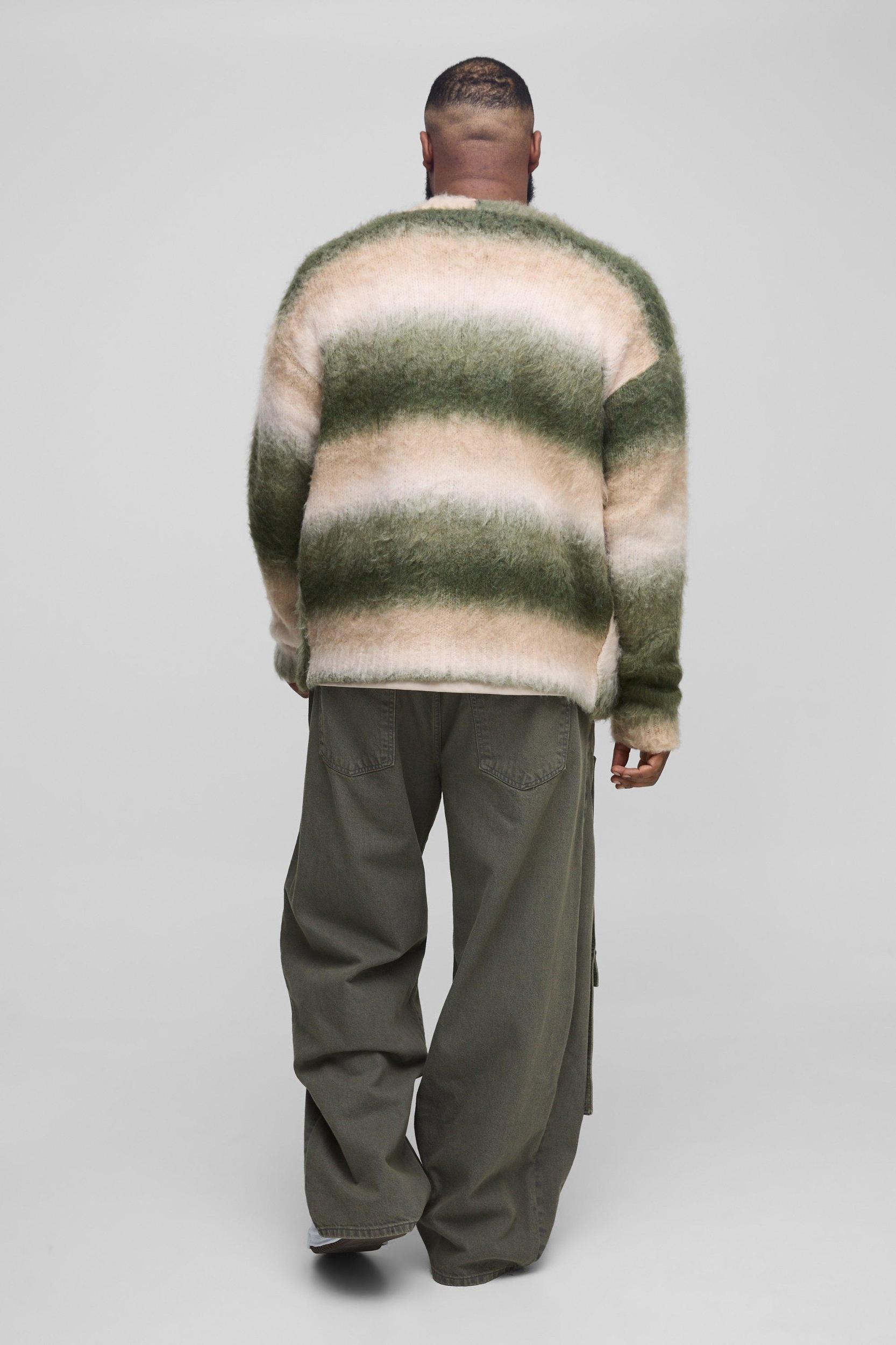 Plus Oversized Boxy Brushed Stripe Knitted Cardigan | boohooMAN USA Product Image