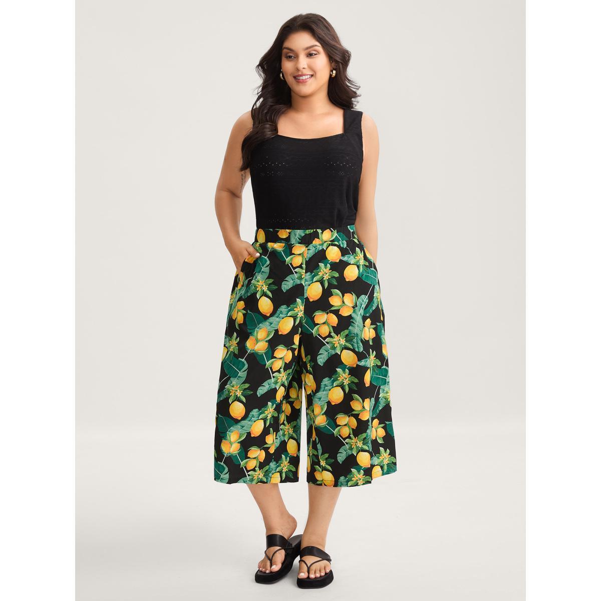 Plus Size Citrus Print Wide-Leg Pants Women BlackFlower Casual Wide Leg Mid Rise Everyday-Casual Pants BloomChic 18-20/2X Product Image