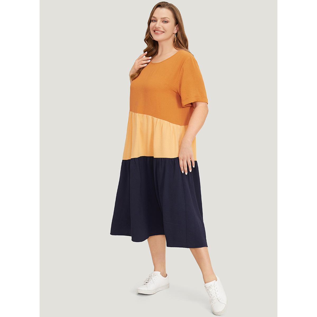 Plus Size Contrast Patchwork Pocket Cuffed Sleeve Dress Multicolor Women Casual Plain Round Neck Short sleeve Curvy Midi Dress BloomChic 22-24/3X Product Image