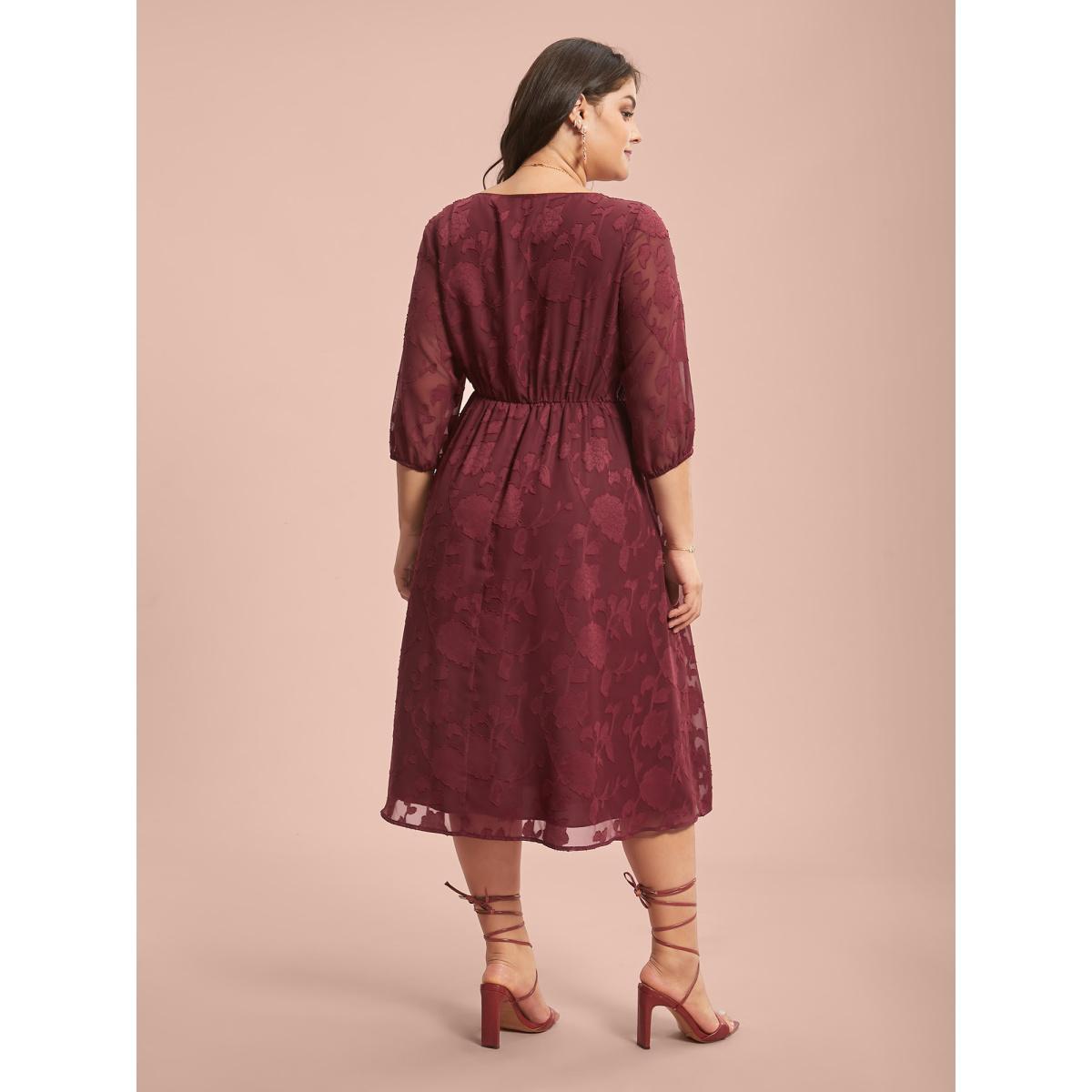 Plus Size Floral Frill Trim Stretchy-Waist Sheer Midi Dress Burgundy Women Elegant Texture Square Neck Elbow-length sleeve Curvy BloomChic 18-20/2X Product Image