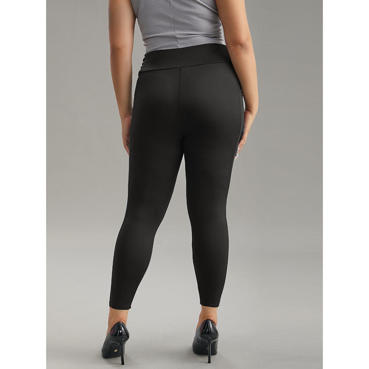 Plus Size Plain Ruched Side Pocket Wideband Waist Leggings Women Black Casual High stretch Skinny High Rise Dailywear Leggings BloomChic 26/4X Product Image