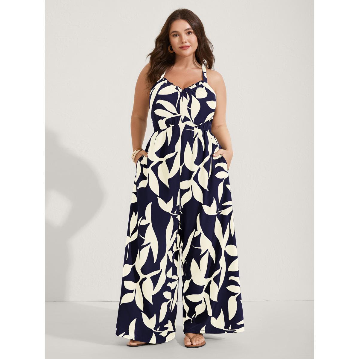 Plus Size Navy Silhouette Floral Print Sweetheart Jumpsuit Women Sleeveless V-neck Everyday-Elegant Loose Jumpsuits BloomChic 14-16/1X Product Image