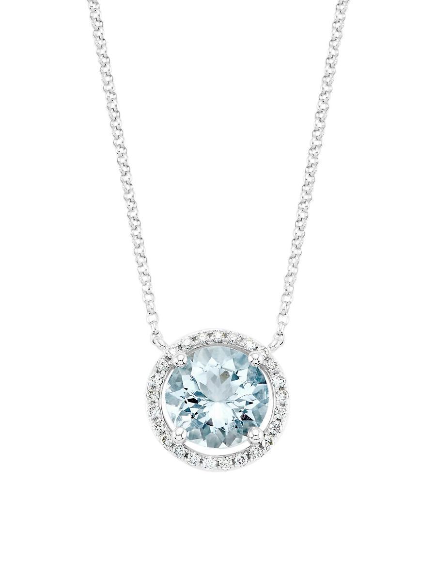 Womens 14K White Gold, Aquamarine & 0.14 TCW Diamond Halo Pendant Necklace Product Image