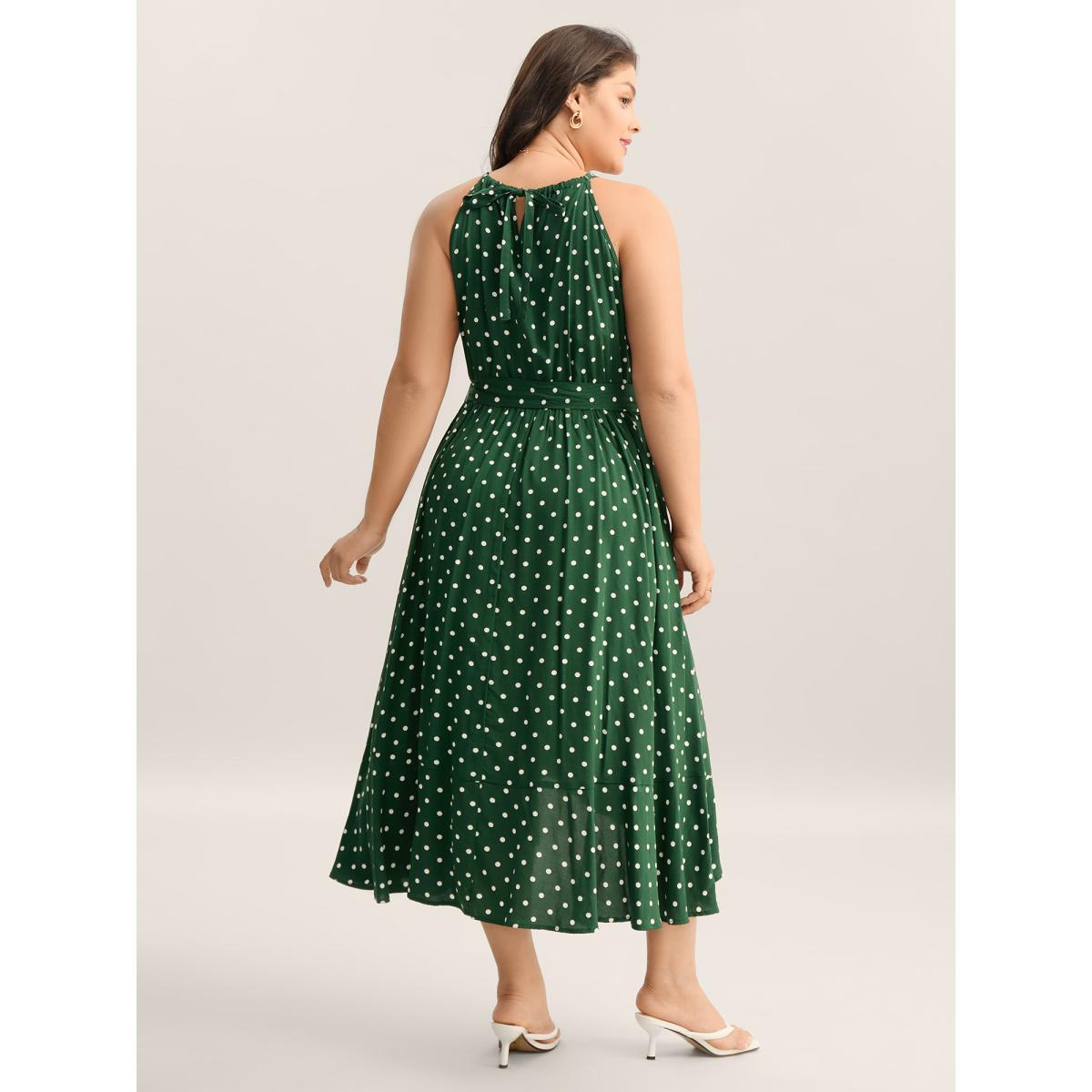 Plus Size Polka Dots Halter Neck Belted Midi Dress Truegreen Women Halter neck Sleeveless Curvy BloomChic 18-20/2X Product Image