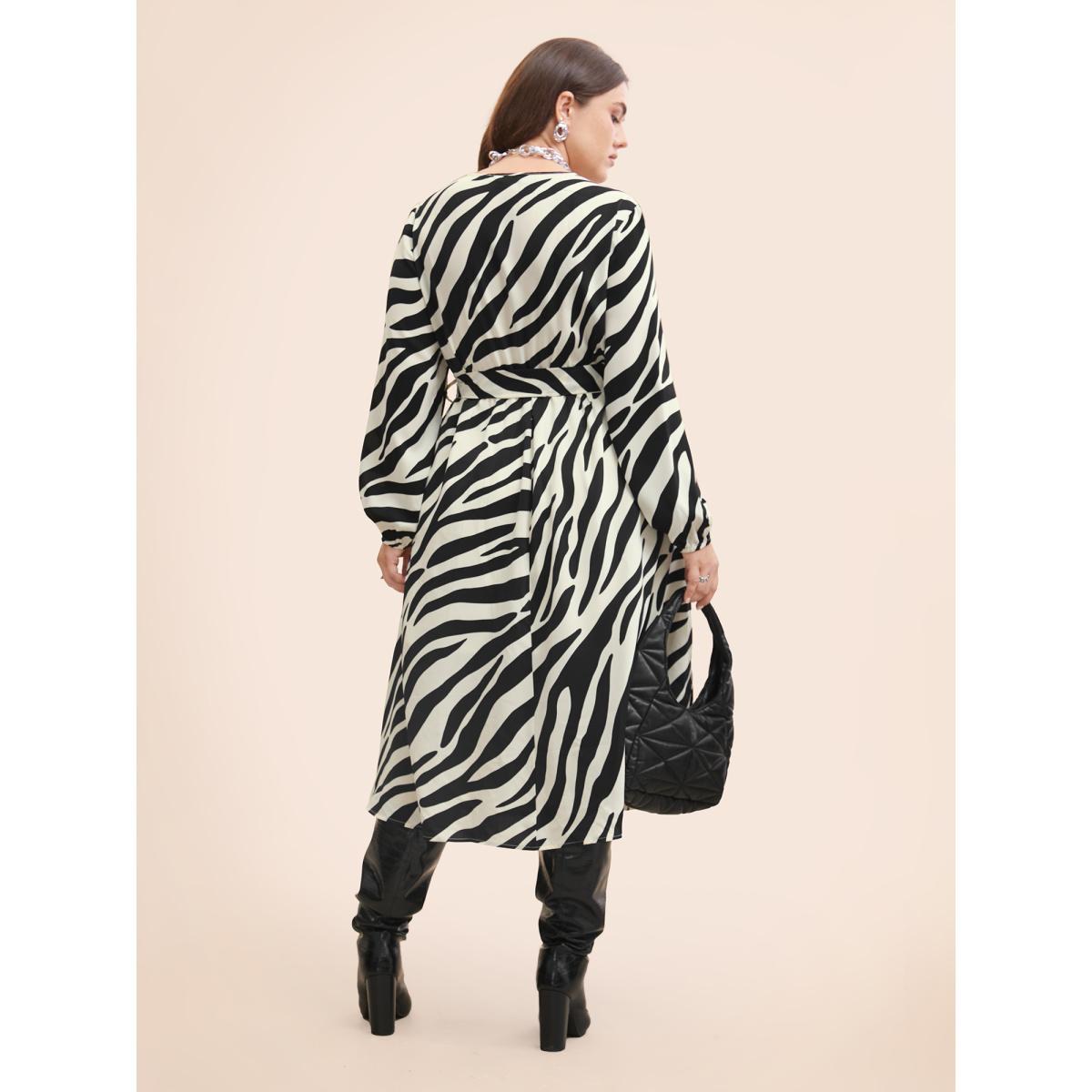 Plus Size Zebra Print Overlap Collar Split Hem Dress Black Women At the Office Belted Overlap Collar Long Sleeve Curvy BloomChic 14-16/1X Product Image