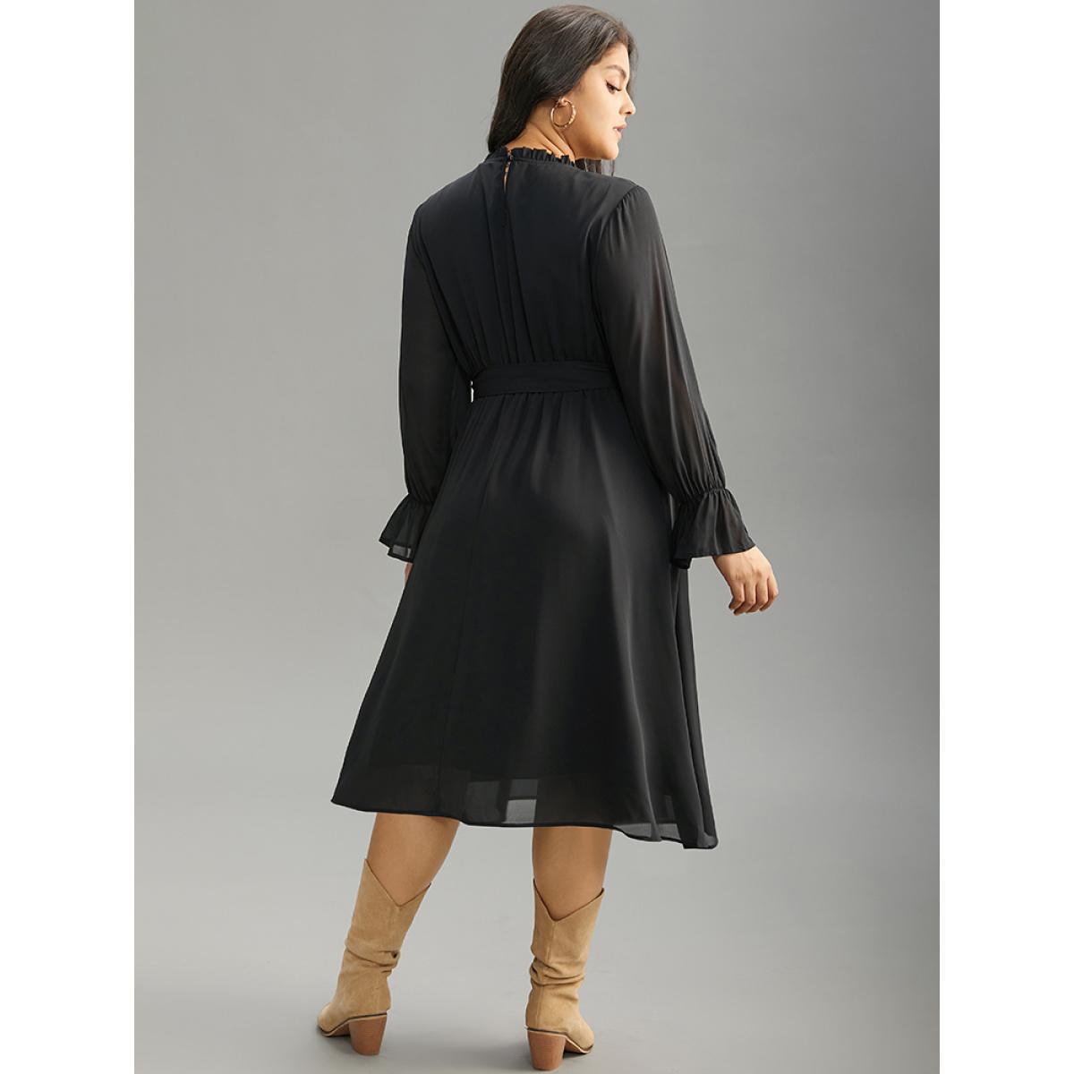 Plus Size Plain Pleated Stand Collar Shirred Ruffles Dress Black Women Office Plain Stand-up collar Long Sleeve Curvy Midi Dress BloomChic 18-20/2X Product Image