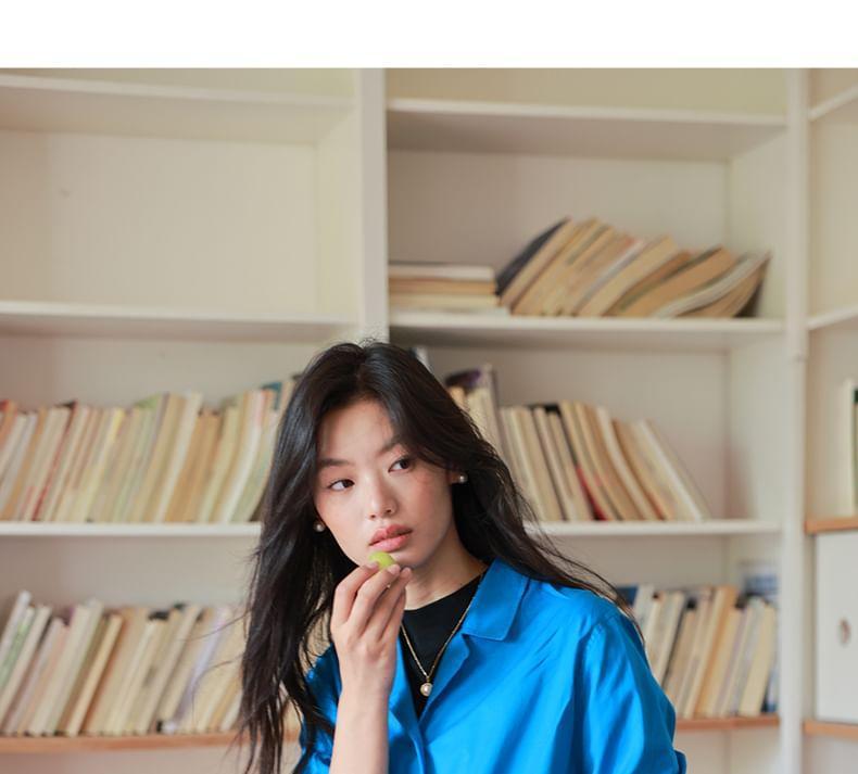 Long-Sleeve Lapel Collar Plain Button-Up Blouse Product Image