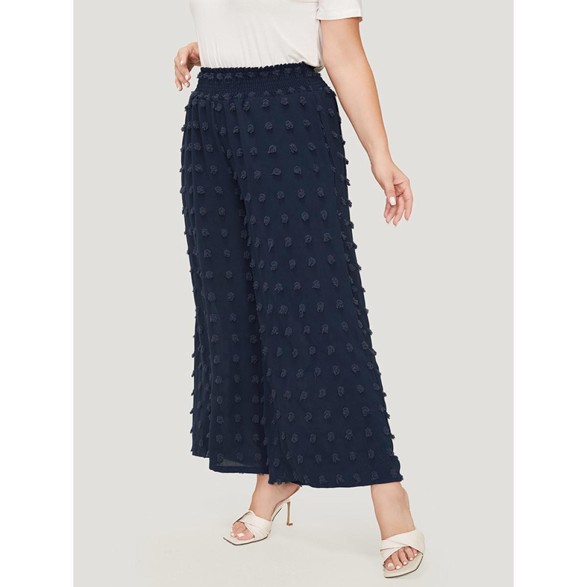 Plus Size Polka Dot Shirred Waist Pocket Wide Leg Pants Women Indigo Elegant Straight Leg High Rise Dailywear Pants BloomChic 12/L Product Image