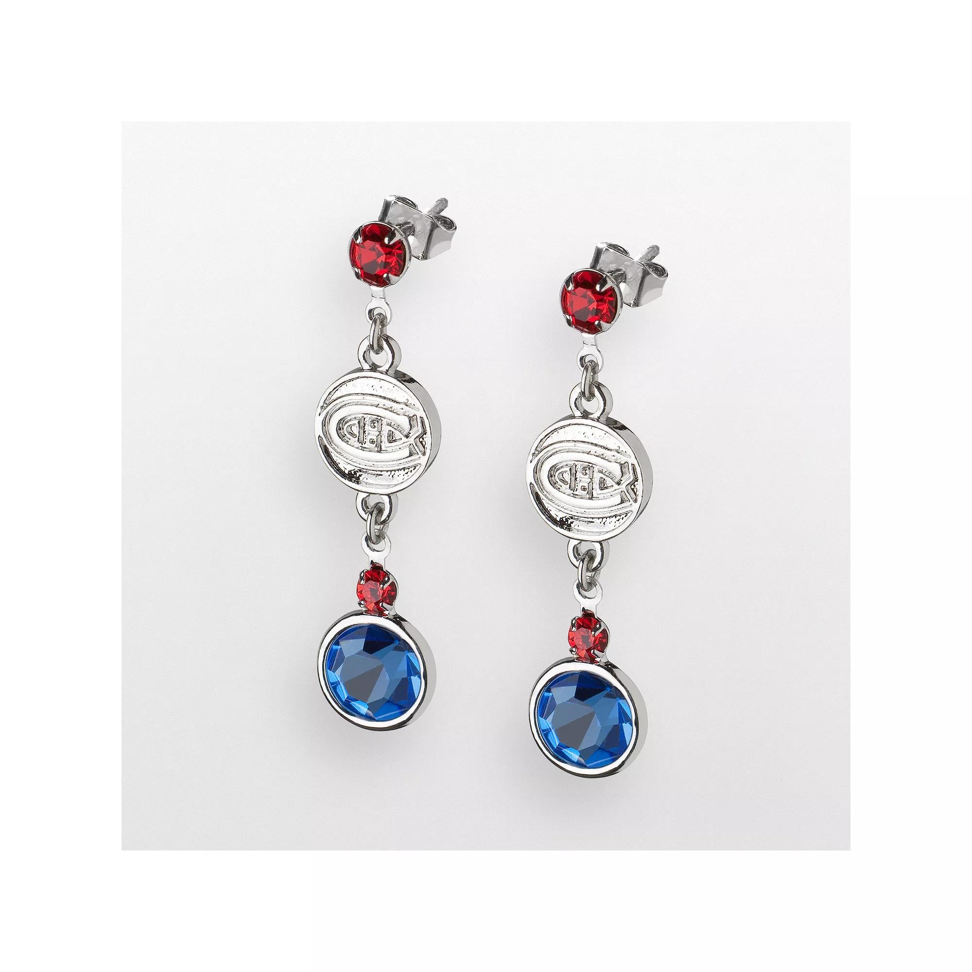 LogoArt Montreal Canadiens Silver Tone Crystal Logo Linear Drop Earrings, Women's Product Image