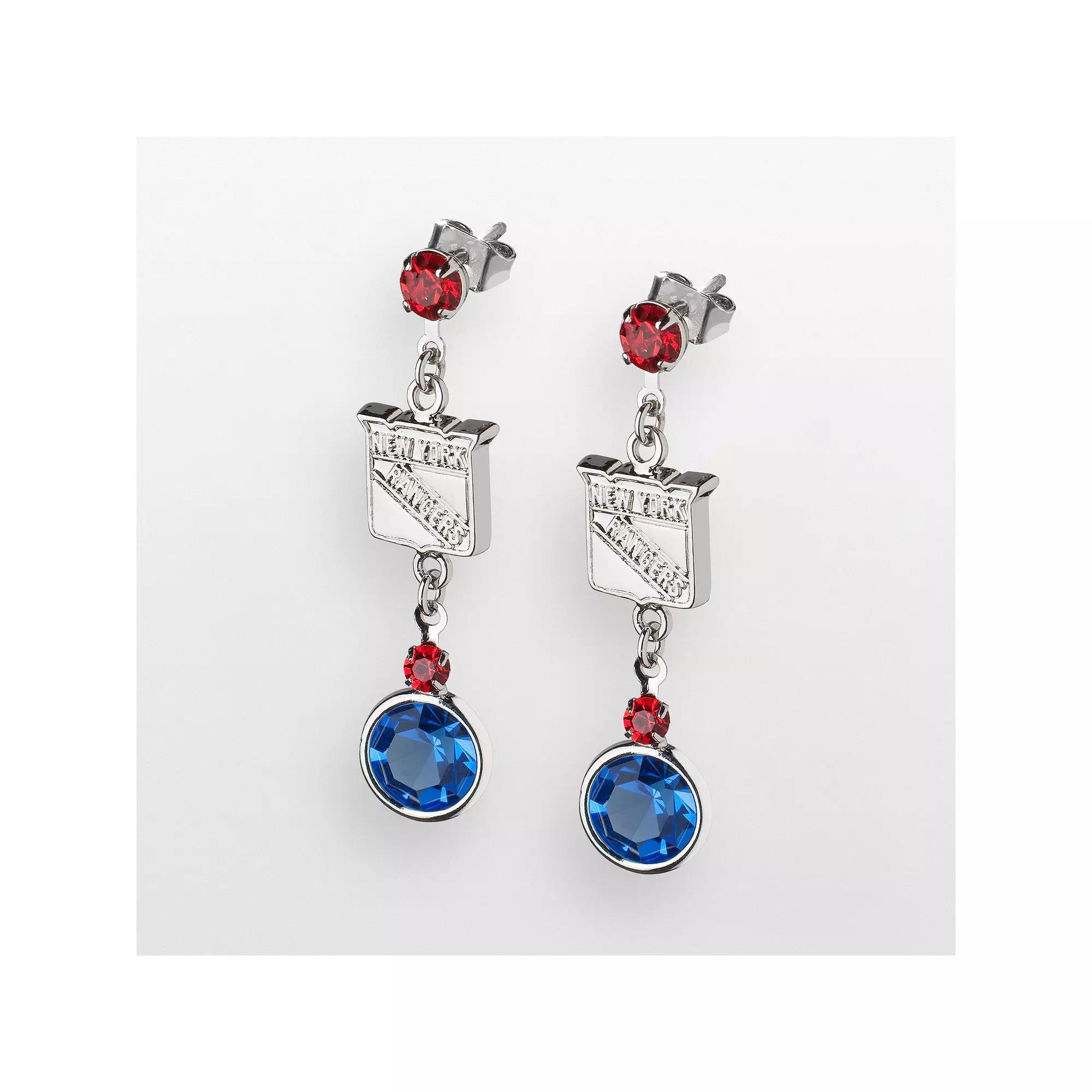 LogoArt New York Rangers Silver Tone Crystal Logo Linear Drop Earrings, Women's Product Image