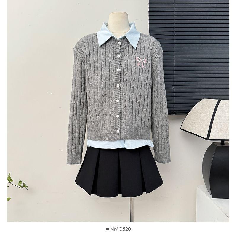 Set: Bow-Embroidered Button-Up Knit Top + Plain Shirt Product Image