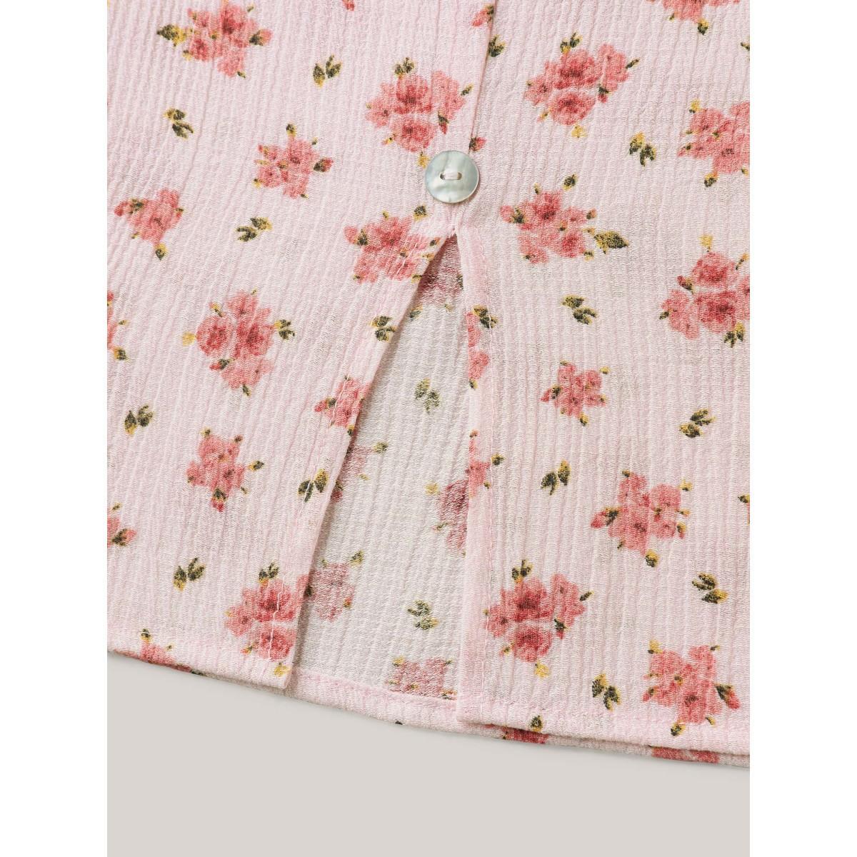Plus Size Lightpink Blushing Floral Print Button Detail Blouse Women Short sleeve Round Neck Everyday-Elegant Blouses BloomChic 10/M Product Image