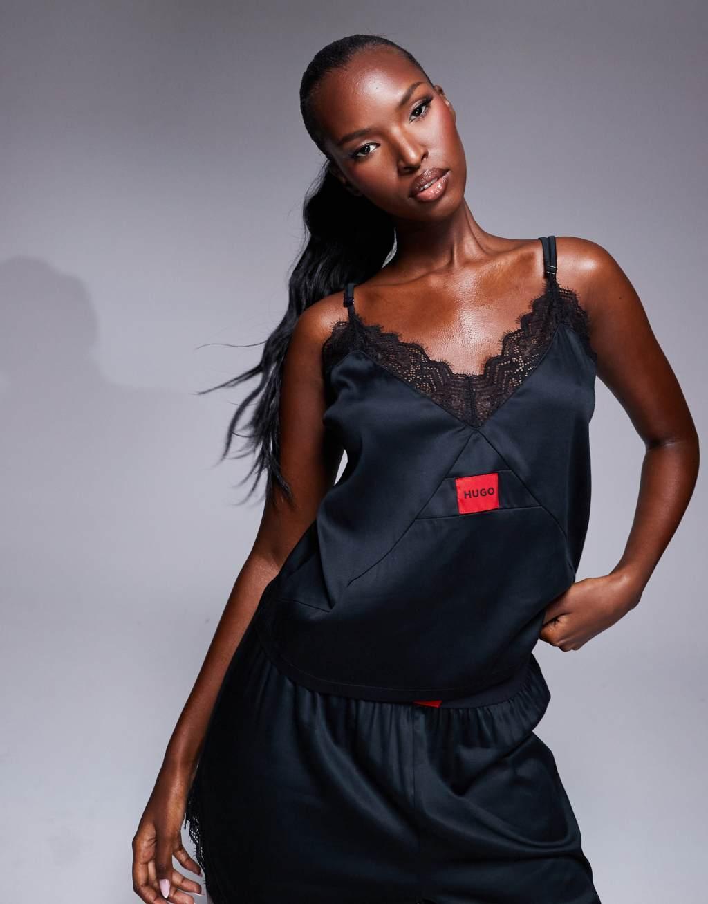 HUGO Bodywear satin lace trim pajama cami top in black - part of a set Product Image
