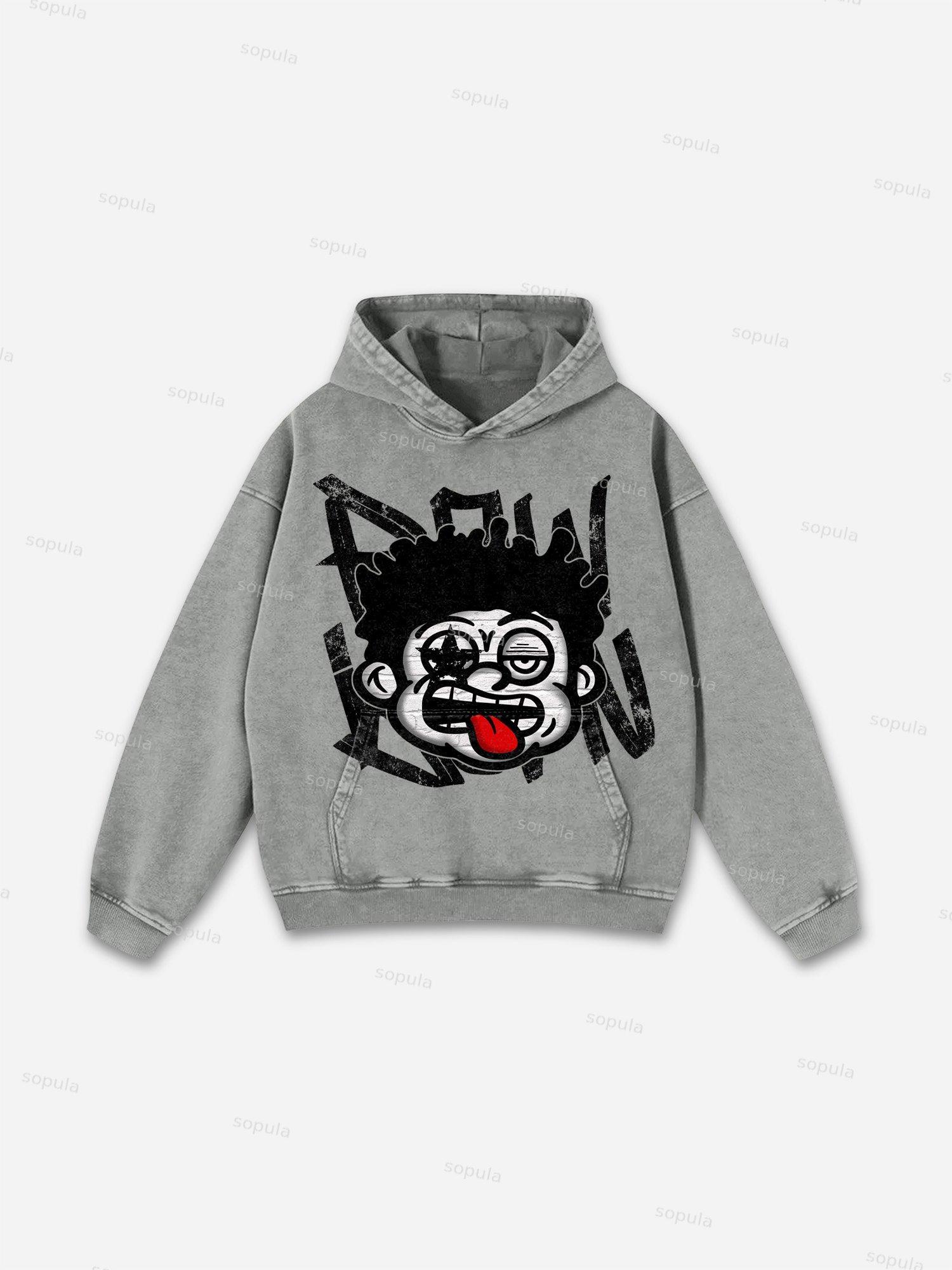 Big Face Retro Cartoon Graphic Acid Wash Hoodie Product Image