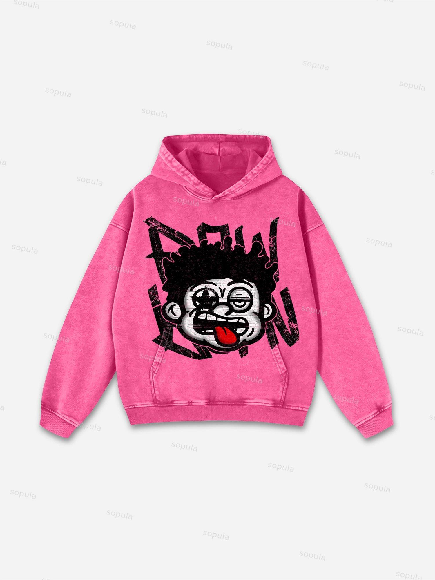 Big Face Retro Cartoon Graphic Acid Wash Hoodie Product Image