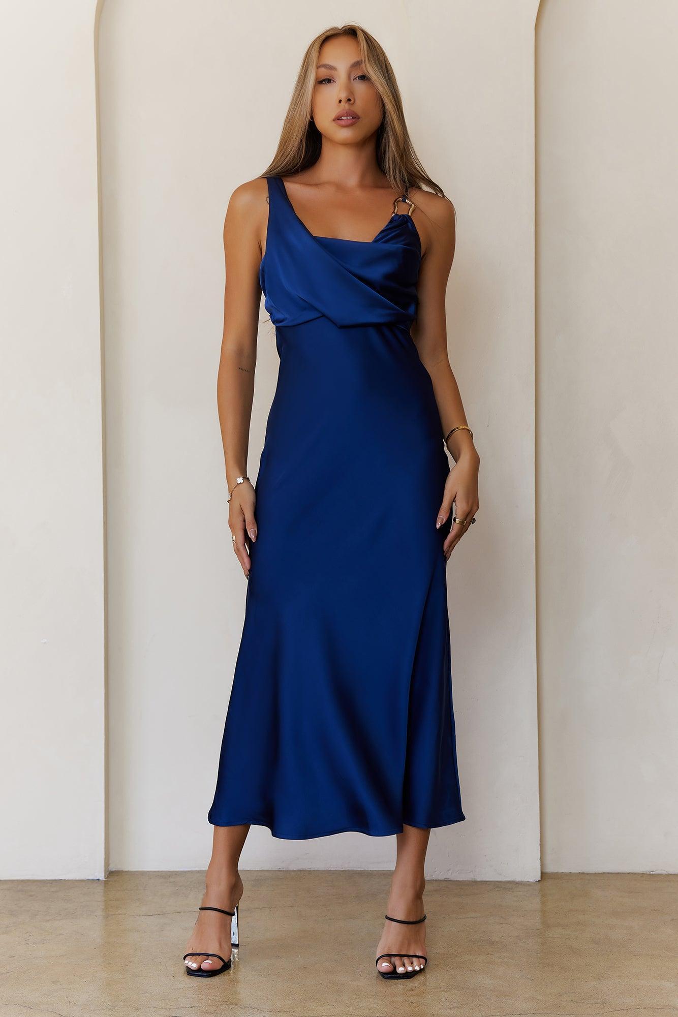 Pretty in Passion Satin Maxi Dress Navy Product Image