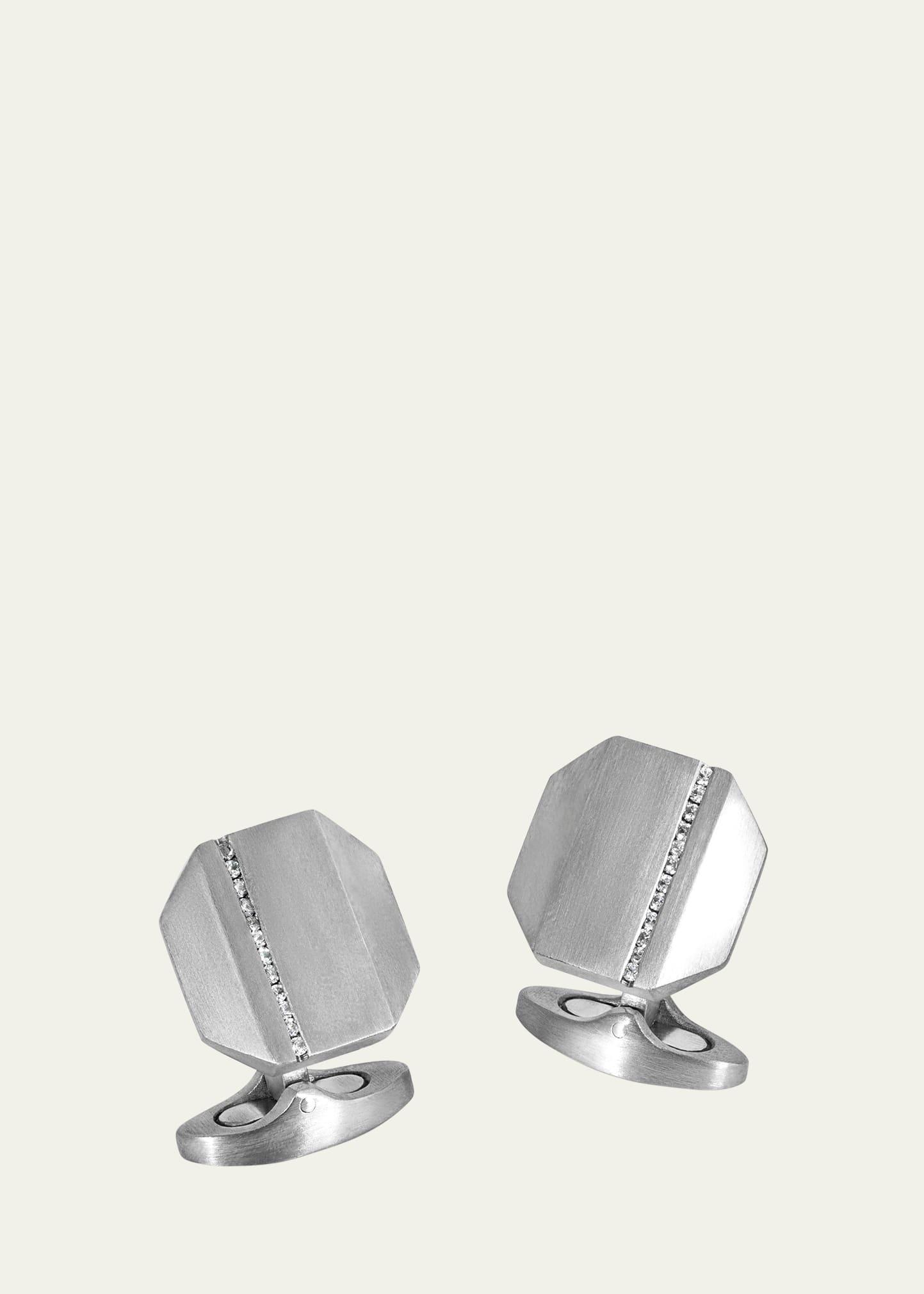 Mens Brushed Titanium Octogonal Cufflinks with Diamonds Product Image