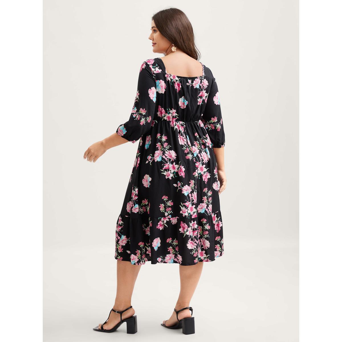 Plus Size Floral Adjustable Bust Drawstring Midi Dress Black Women Heart neckline Elbow-length sleeve Curvy BloomChic 18-20/2X Product Image