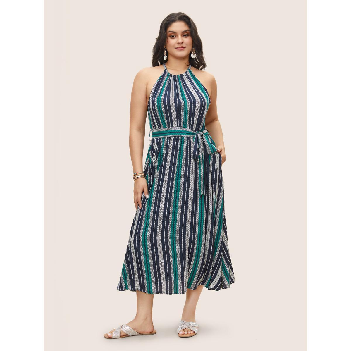 Plus Size Striped Belted Halter Pocket Dress DarkBlue Women Resort Belted Halter neck Sleeveless Curvy Midi Dress BloomChic 12/L Product Image