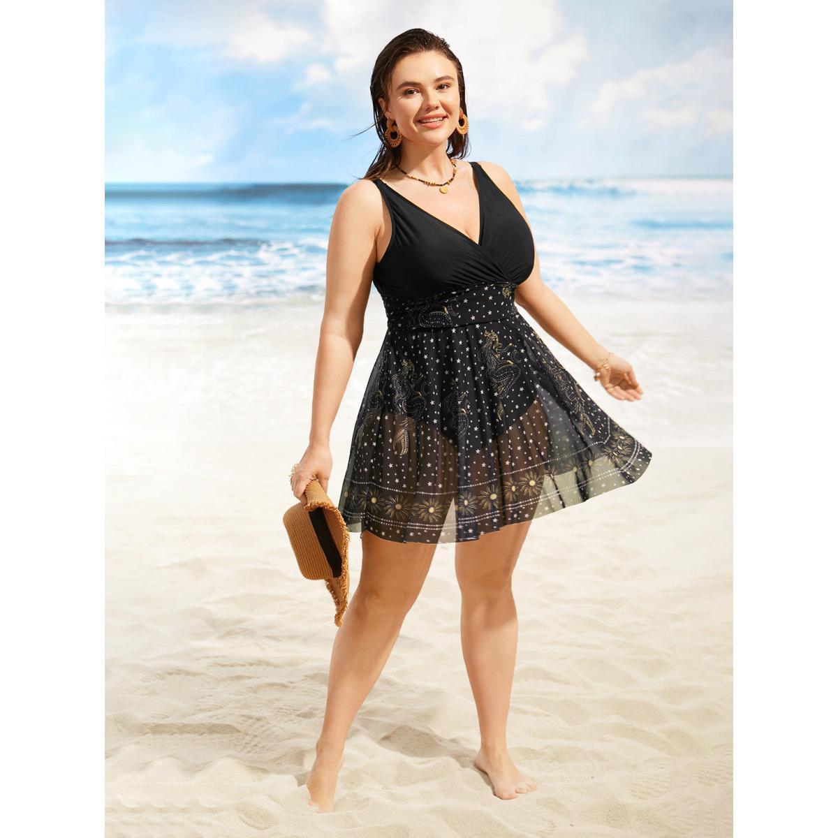 Plus Size Overlap Collar Moon & Star Patchwork Mwsh Swim Dress Women's Swimwear Black Beach Bodycon Overlap Collar High stretch Curve Swim Dresses BloomChic 18-20/2X Product Image