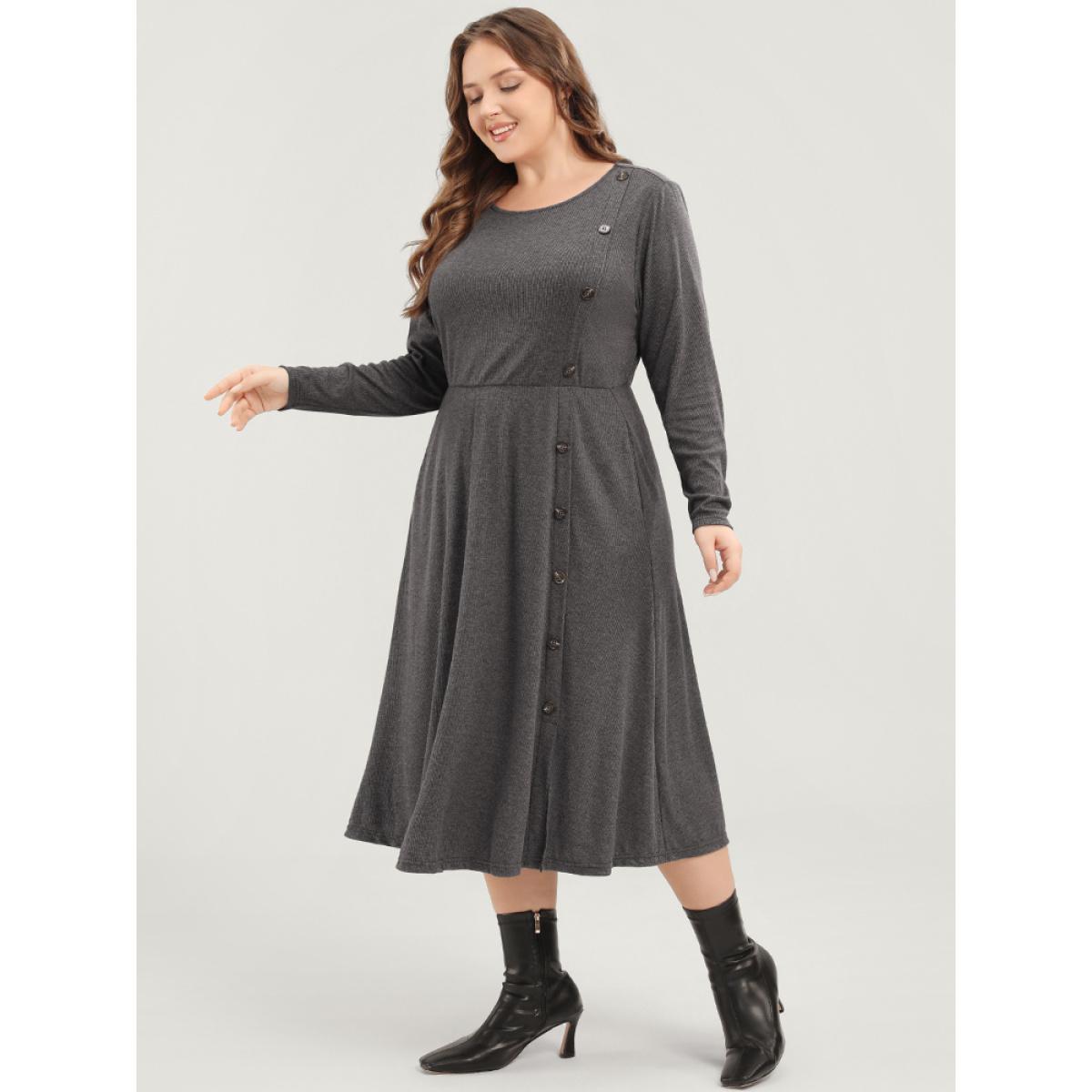 Plus Size Solid Round Neck Pocket Button Detail Ruffle Hem Dress Gray Women Elegant Button Round Neck Long Sleeve Curvy Midi Dress BloomChic 30/6X Product Image