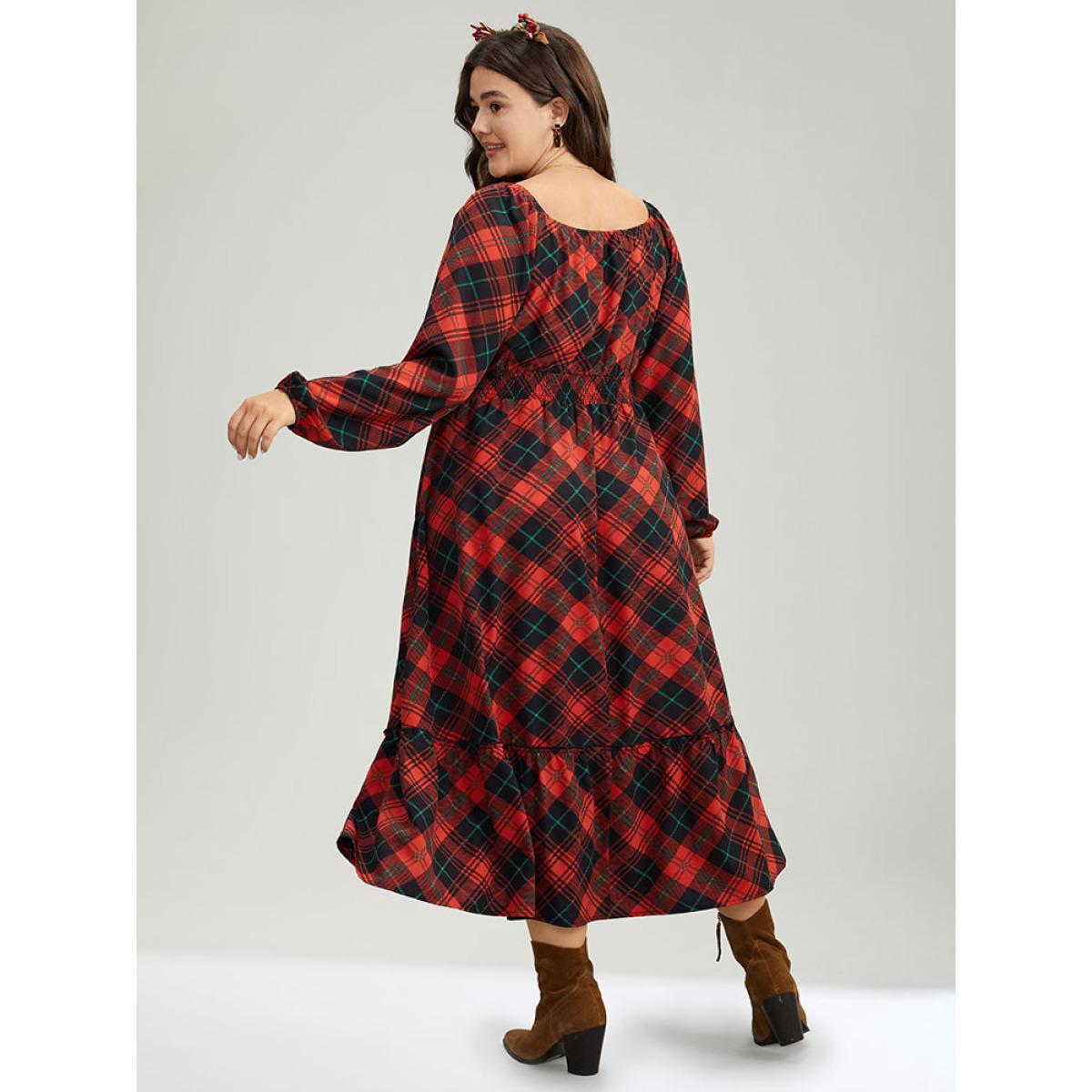 Plus Size Plaid Shirred Frill Trim Pocket Square Neck Dress Scarlet Women Elegant Elastic cuffs Square Neck Long Sleeve Curvy Midi Dress BloomChic 18-20/2X Product Image