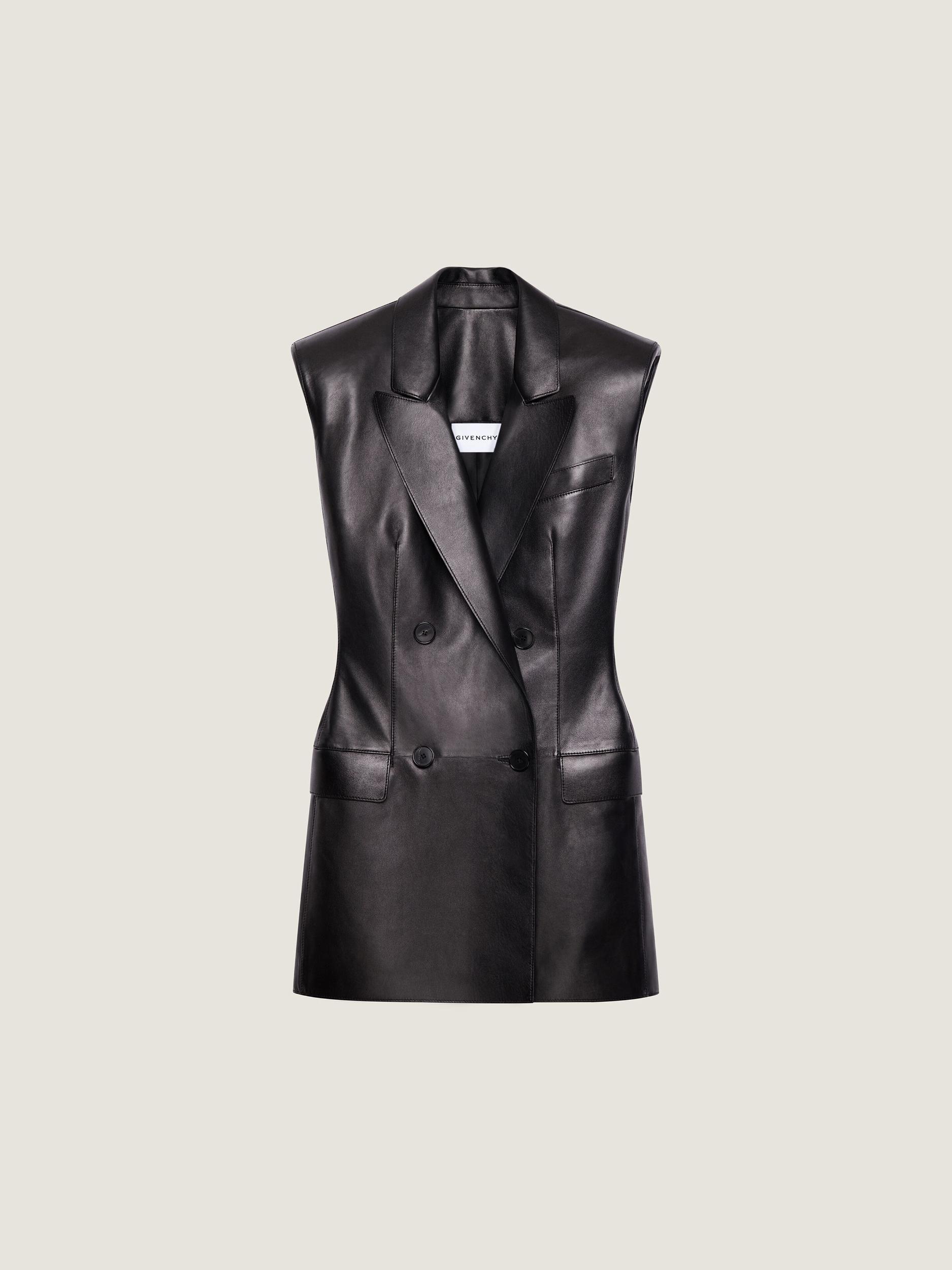 Double-breasted sleeveless jacket in leather Product Image