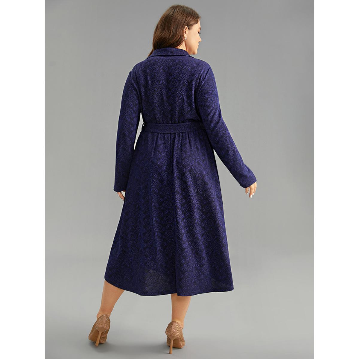 Plus Size Graphic Jacquard Shirt Collar Belted Dress Indigo Women Office Texture Shirt collar Long Sleeve Curvy Midi Dress BloomChic 22-24/3X Product Image