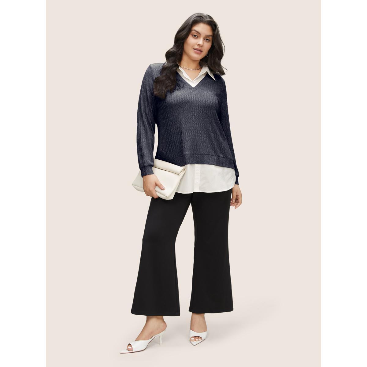 Plus Size 2-In-1 Patchwork Shirt Collar Sweatshirt Women Indigo At the Office Contrast Shirt collar Work Sweatshirts BloomChic 26/4X Product Image