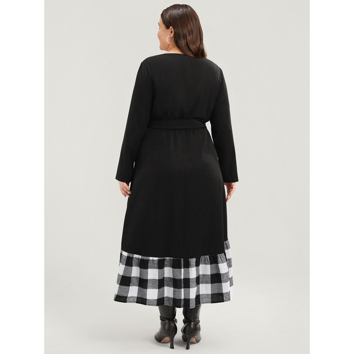 Plus Size Plaid Patchwork Pocket Belted Asymmetrical Hem Dress Black Women Elegant Belted Round Neck Long Sleeve Curvy Midi Dress BloomChic 10/M Product Image