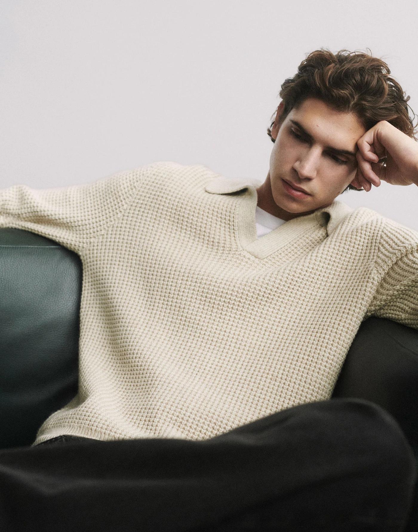 Johnny-Collar Sweater Polo Shirt in Waffle Knit Product Image
