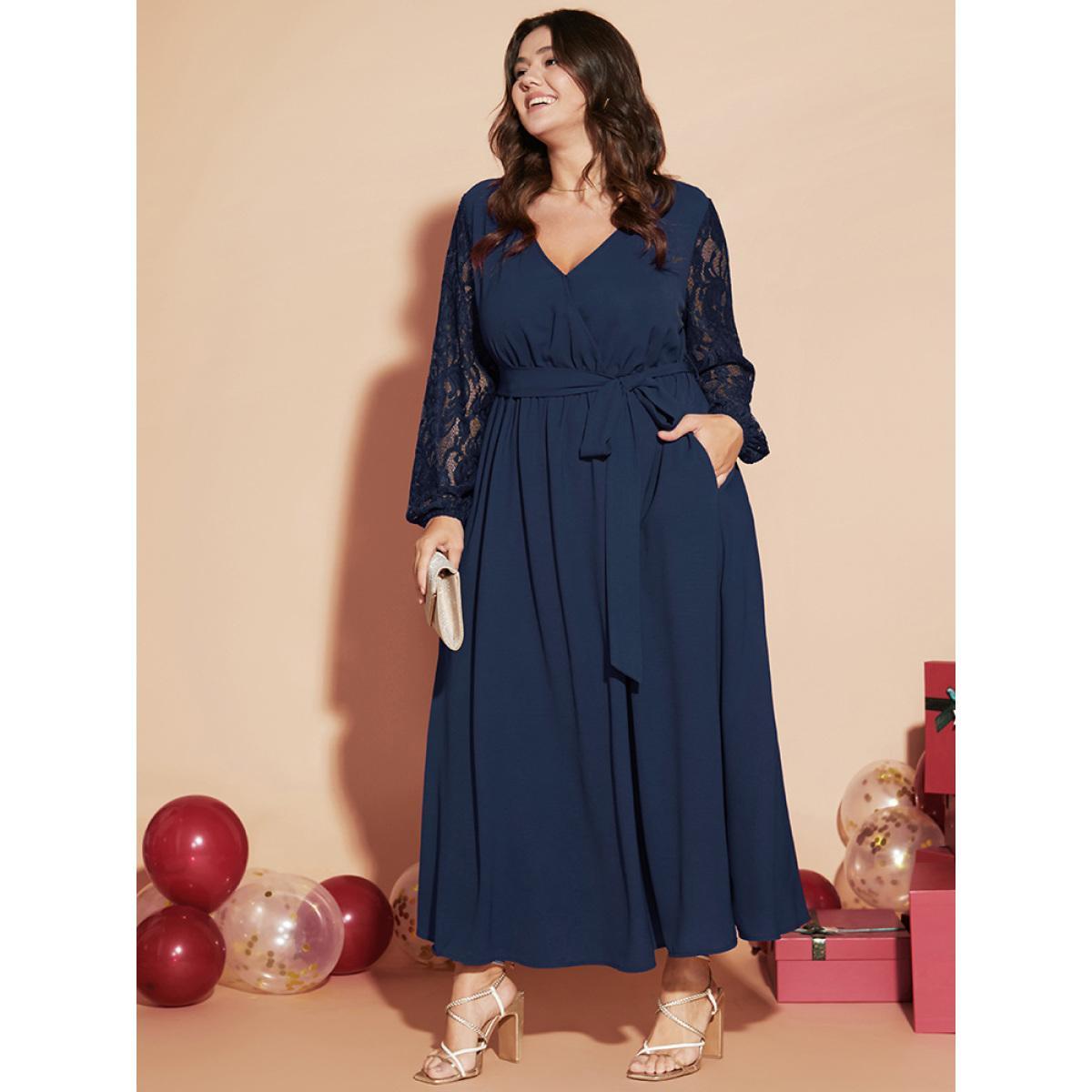 Plus Size Solid Wrap Pocket Lantern Sleeve Lace Belted Maxi Dress DarkBlue Women Elegant V-neck Long Sleeve Curvy Long Dress BloomChic 14-16/1X Product Image