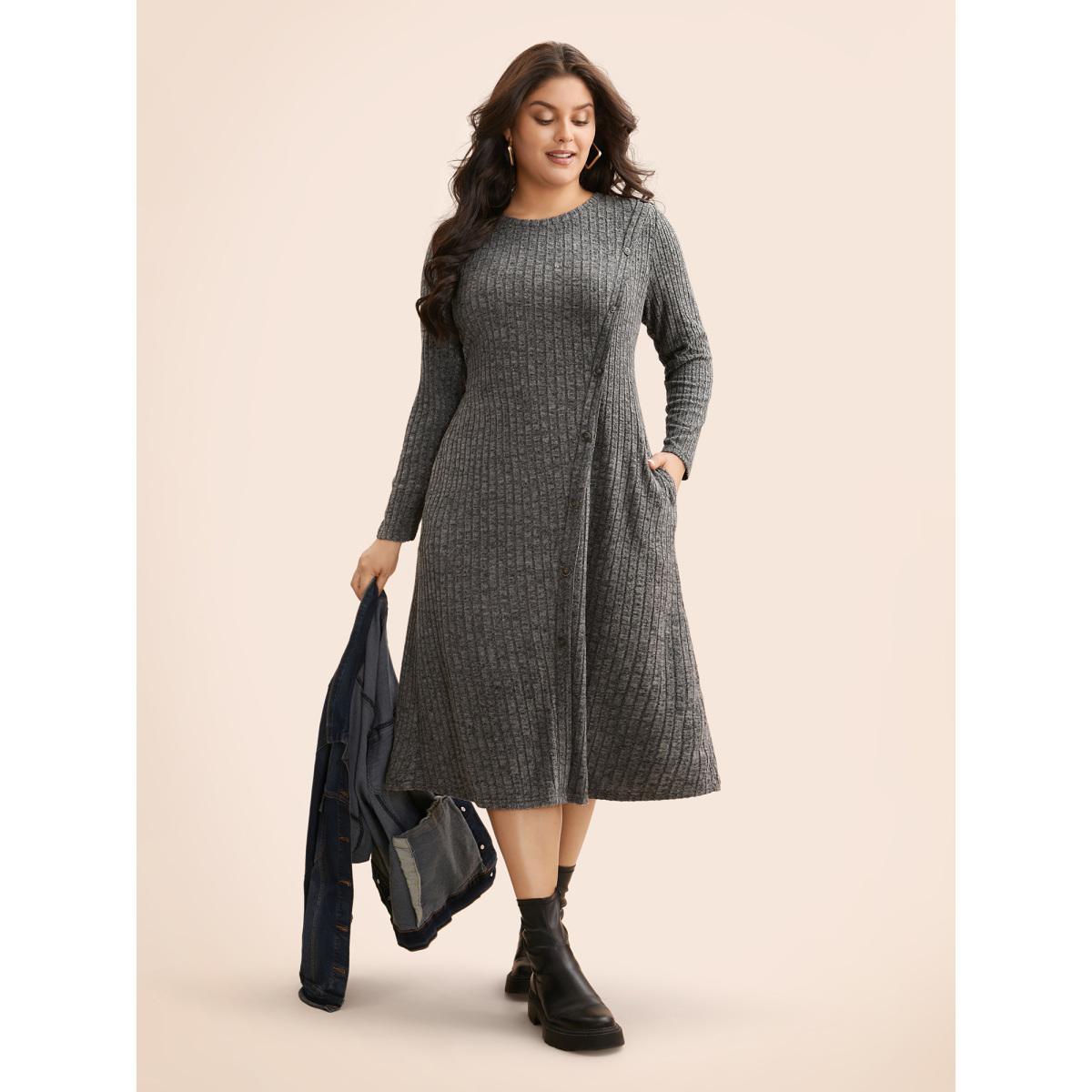 Plus Size Crew Neck Button Detail Slim Fit Dress DimGray Women Casual Texture Round Neck Long Sleeve Curvy BloomChic 10/M Product Image