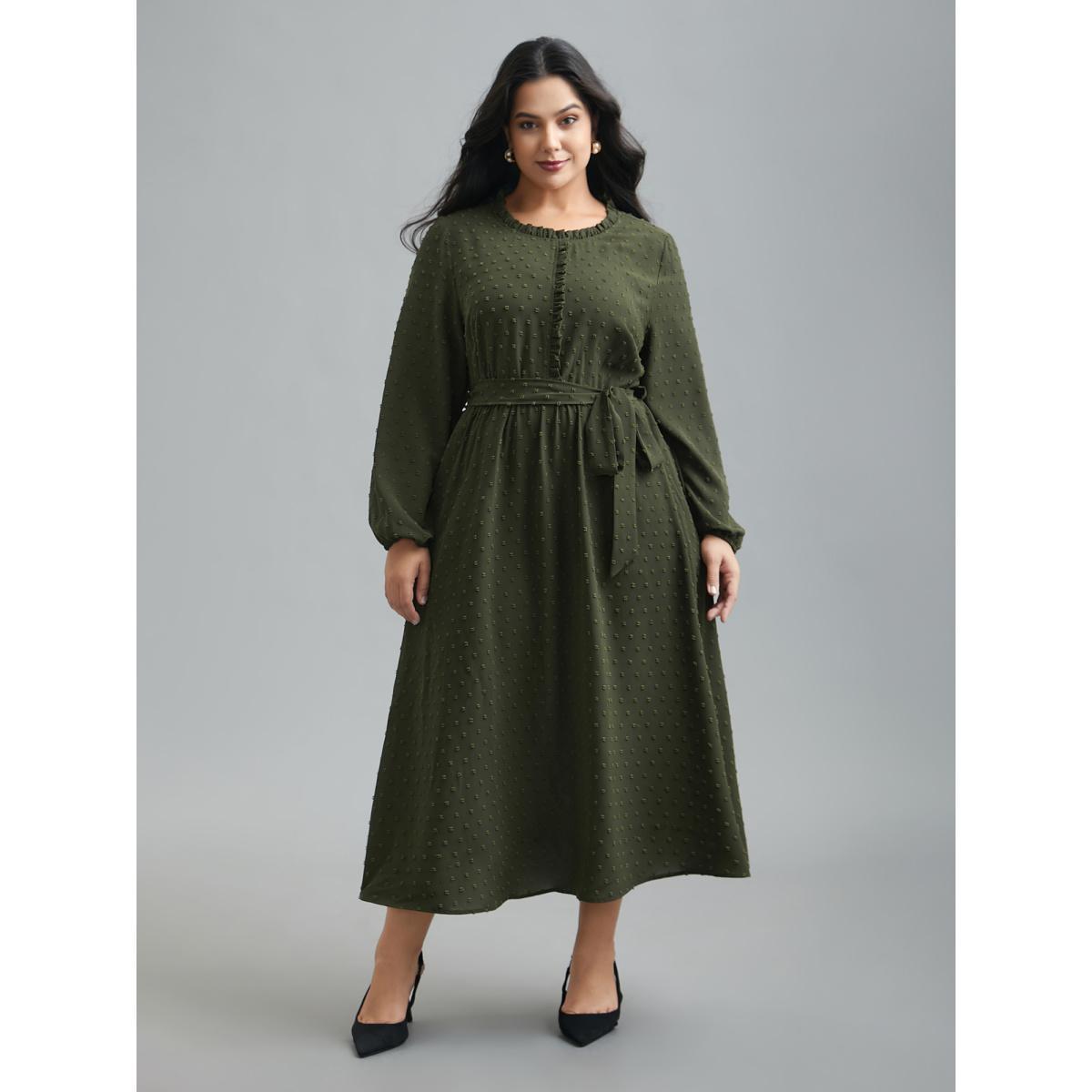 Plus Size Textured Waist-Tie Ruffled Edges Dress ArmyGreen Women Elegant Texture Round Neck Long Sleeve Curvy BloomChic 12/L Product Image