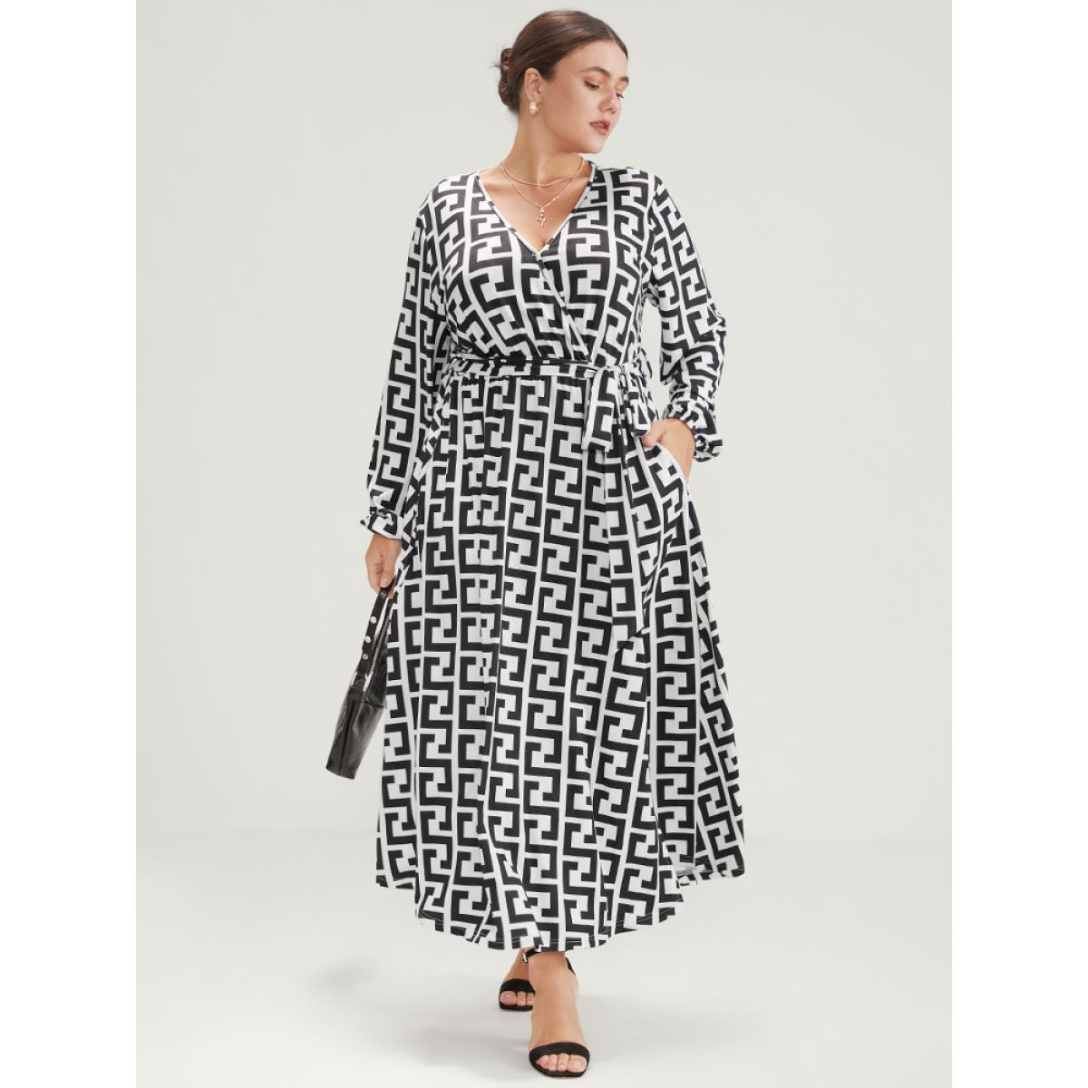Plus Size Geometric Pocket Wrap Split Belted Maxi Dress Black Women Office Belted V-neck Long Sleeve Curvy Long Dress BloomChic 12/L Product Image